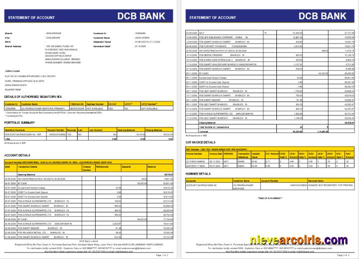 India DCB bank statement Word and PDF, 2 pages